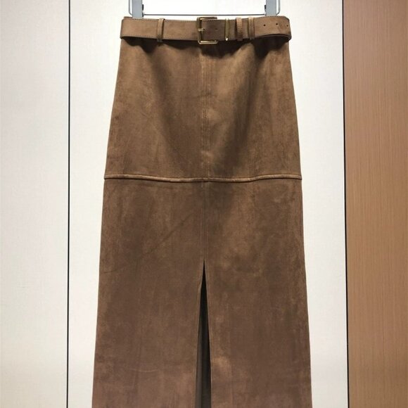 Cowhide Velvet Suede Belted Front Slit Midi Skirt - Picture 2 of 9